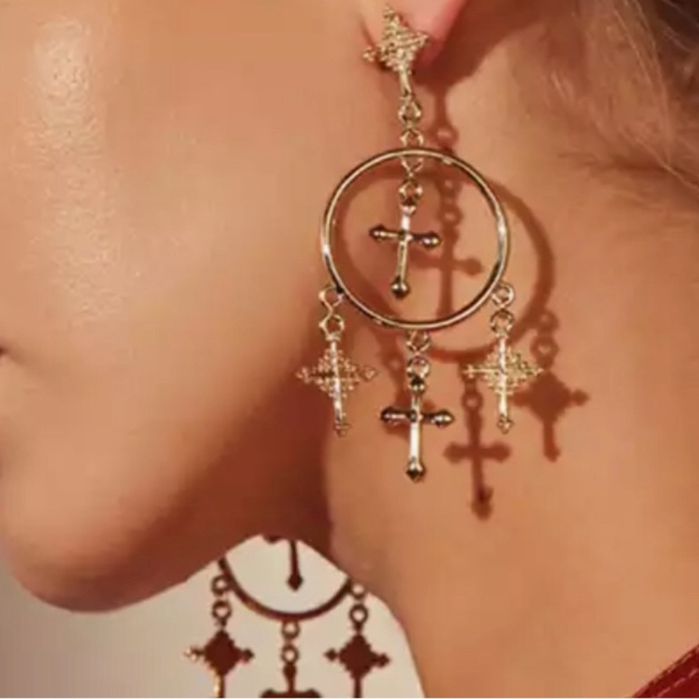 Silver or Gold Tone Dangle Cross Statement Earrings